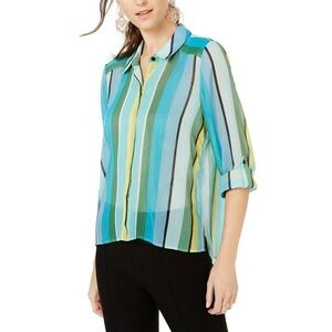 INC International Concepts Striped Semi-Sheer Button Down Blouse